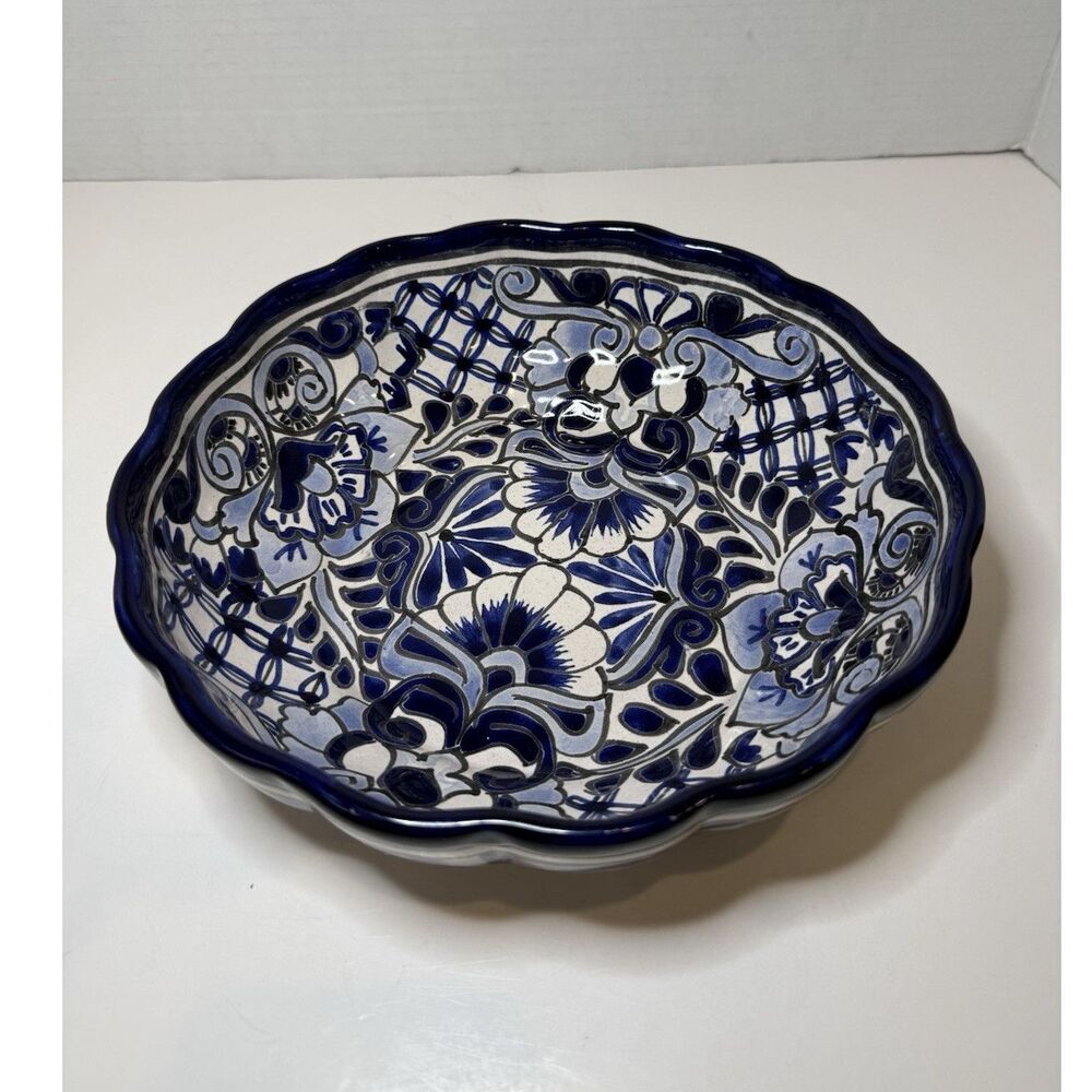 Hand Painted Talavera Style Bowl Blue White Floral Scalloped Mexico Liceagui
